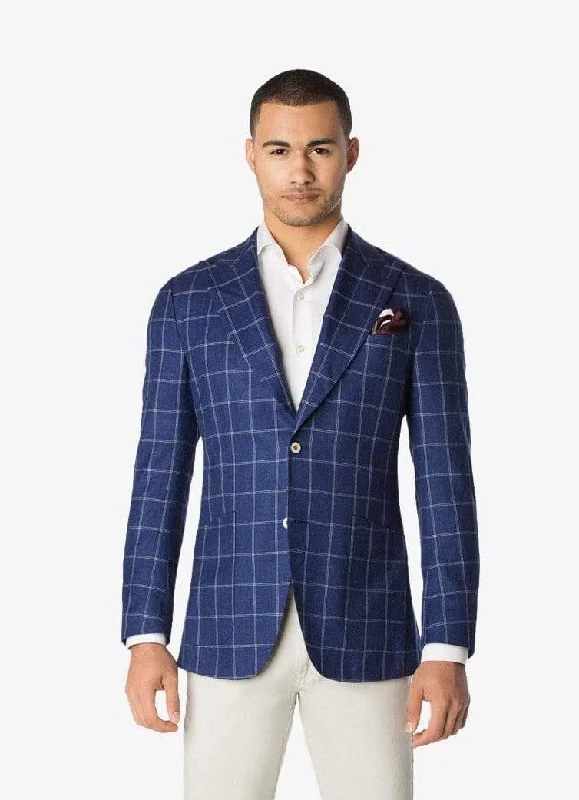 Blue Wool Silk Linen Windowpane