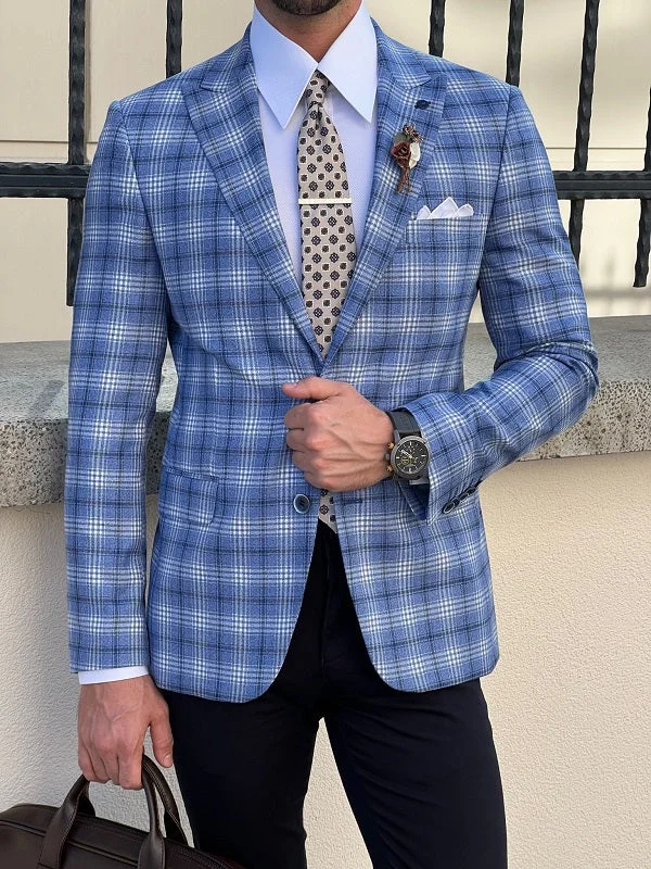 Edmond Blue Slim Fit Peak Lapel Plaid Blazer