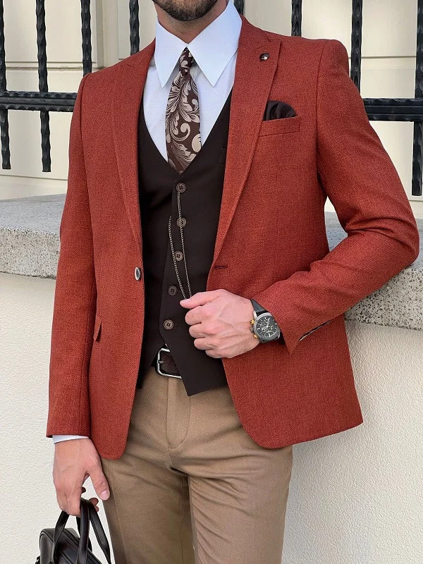 Edmond Rust Brown Slim Fit Peak Lapel Blazer