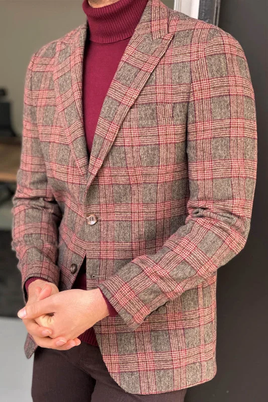 Slim Fit Beige Plaid Wool Jacket