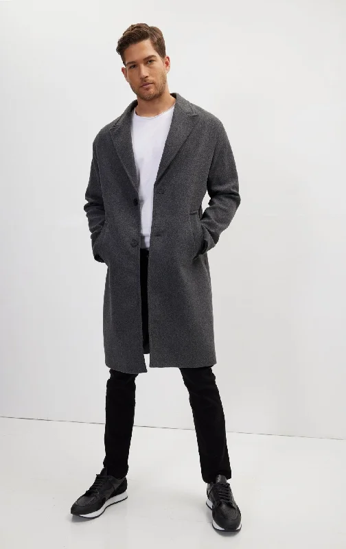 Long Fitted Pea Coat With Notch Lapel - Anthracite