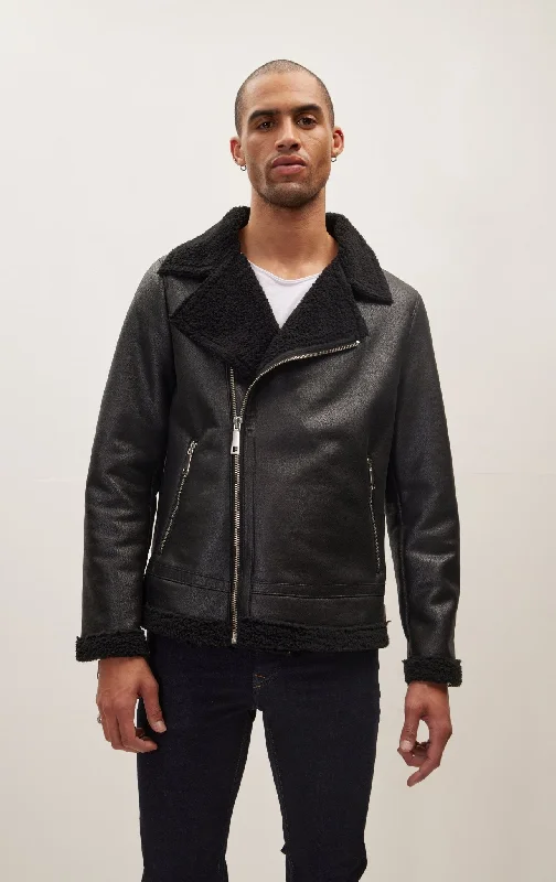 Vegan Shearling Biker Jacket - Black