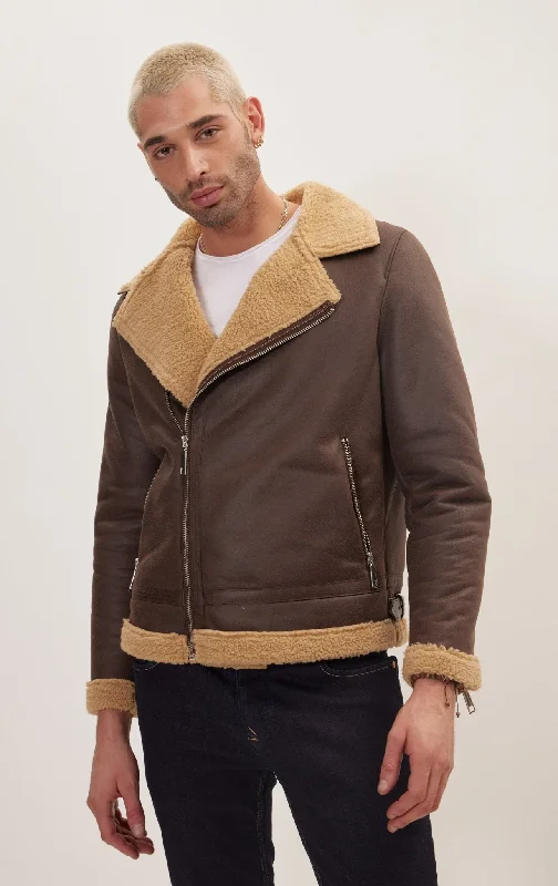 Vegan Shearling Biker Jacket - Brown