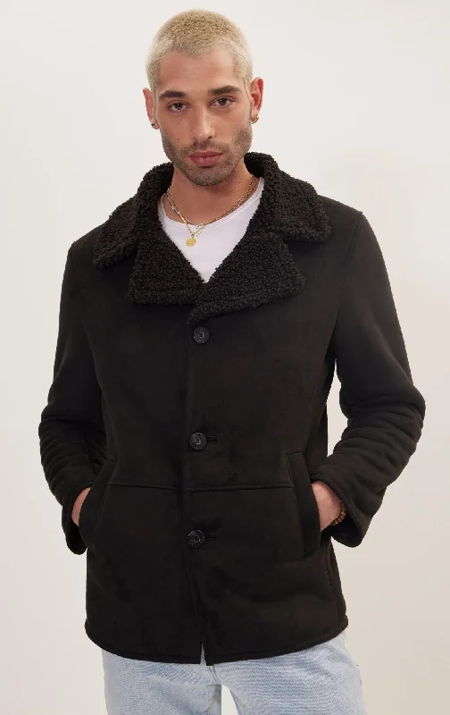 Vegan Shearling Button Closure Jacket - Black