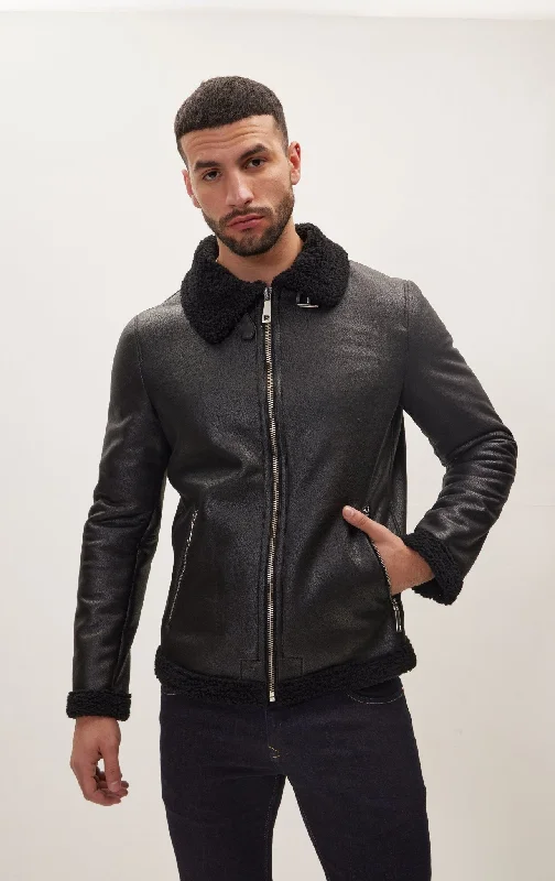 Vegan Shearling Aviator Jacket - Black