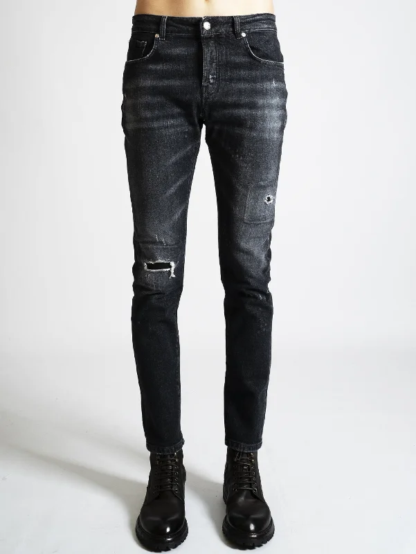 Jeans con Strappi e Toppe Denim Black