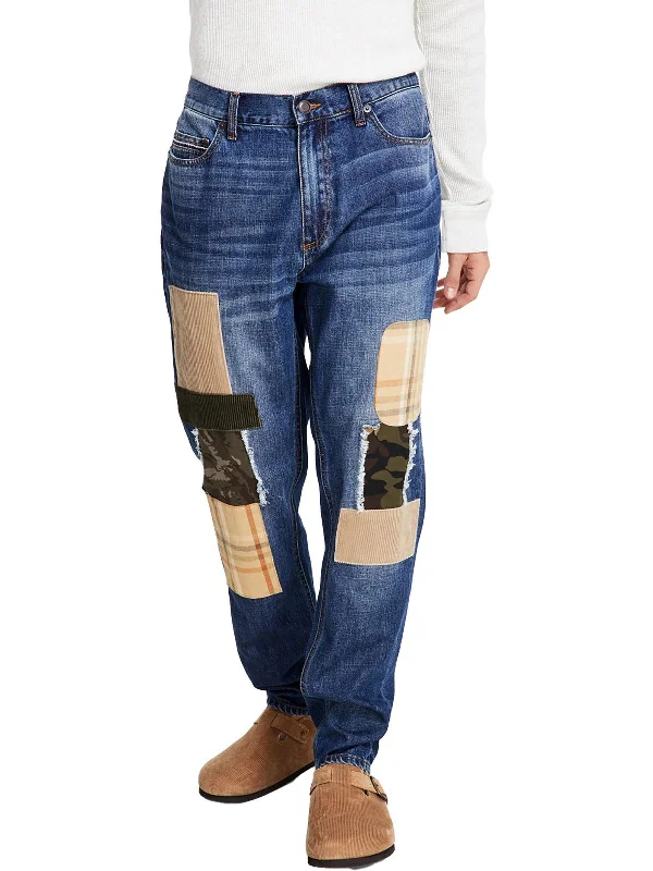 Mens Loose Fit Patchwork Tapered Leg Jeans