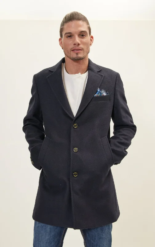 Wool Melange Mid-Length Overcoat - Navy