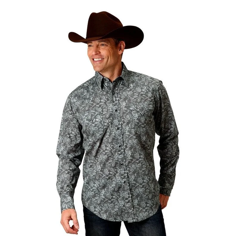 Roper Western Shirt Mens L/S Silver Vine Gray 03-001-0064-0308 GY