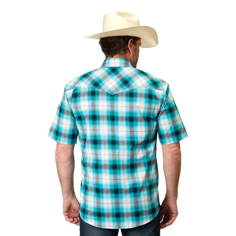 Roper Western Shirt Mens Plaid S/S Snap Turquoise 03-002-0278-2111 BU