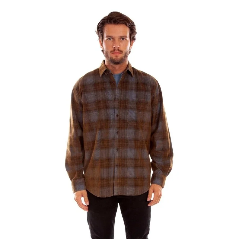 Scully Western Shirt Mens L/S Corduroy Plaid Blue Brown F0_5342