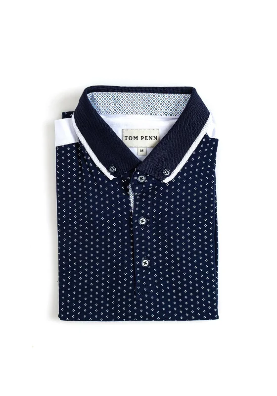 Tom Pen Contrast Micro Print Polo Shirt, Navy & White