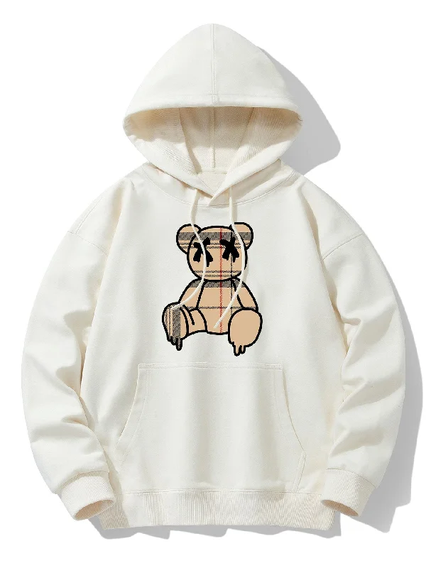 Plaid Pattern Dissolving Bear Print Drop Shoulder Relaxed Hoodie