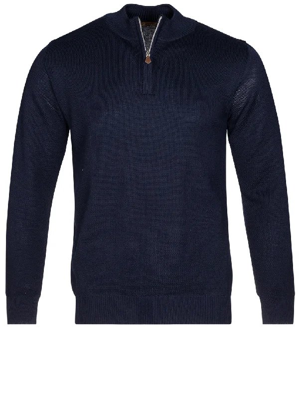 Navy Merino Wool Textured Halfzip